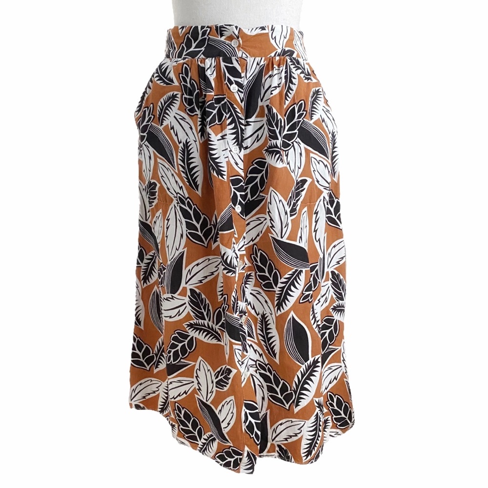 FRNCH PARIS Botanical Print Button Front MIDI Skirt Orange Black White Sz Small